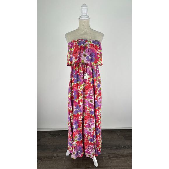 Japna Womens Floral Strapless Maxi Dress Front Slit Size Medium NWT Pink Tassel - Picture 1 of 8